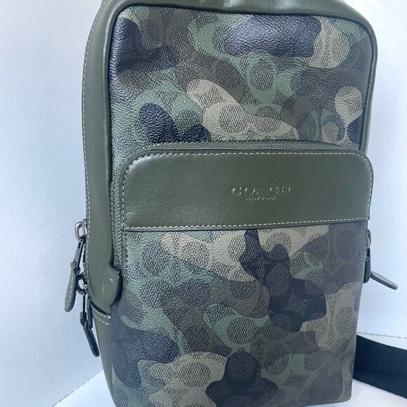 Coach Gotham Pack Sling Camo Green Signature Leather Mens Crossbody CAF37 - Picture 5 of 9